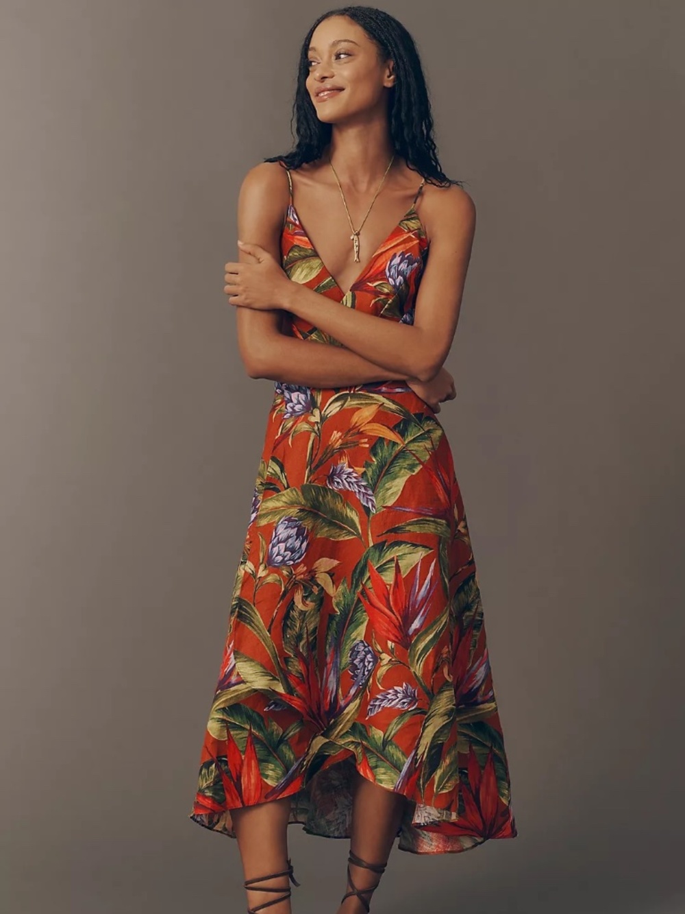 Farm Rio Florart Linen Sleeveless Plunge Midi Dress NWT Small